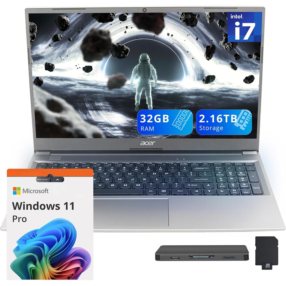 Acer Aspire Lite 15.6" FHD Laptop, Intel i7-1255U, 32GB RAM, 2.16TB Storage(2TB SSD+160GB Docking Station Set), Intel Iris Xe Graphics, Backlit Keyboard, HD Camera, Win 11 Pro, Gray