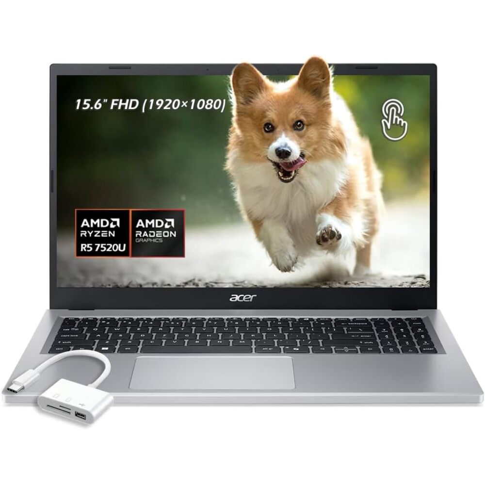 acer Aspire Go 15.6" FHD (1920x1080) IPS Touchscreen Laptop, AMD Ryzen 5 7520U, AMD Radeon Graphics, WiFi6, Webcam, 8GB LPDDR5X RAM 2TB SSD, Windows11, Pure Silver, w/USB 3.0 Hub, W/GaLiMu