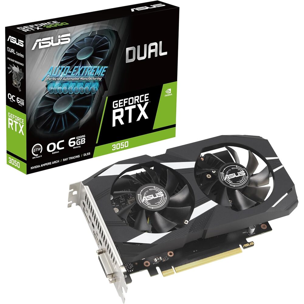 ASUS Dual NVIDIA GeForce RTX 3050 6GB GDDR6 OC Edition Gaming Graphics Card - PCIe 4.0, HDMI 2.1, DisplayPort 1.4a, 2-Slot Design, Axial-tech Fan Design, Steel Bracket, 3 Year Warranty