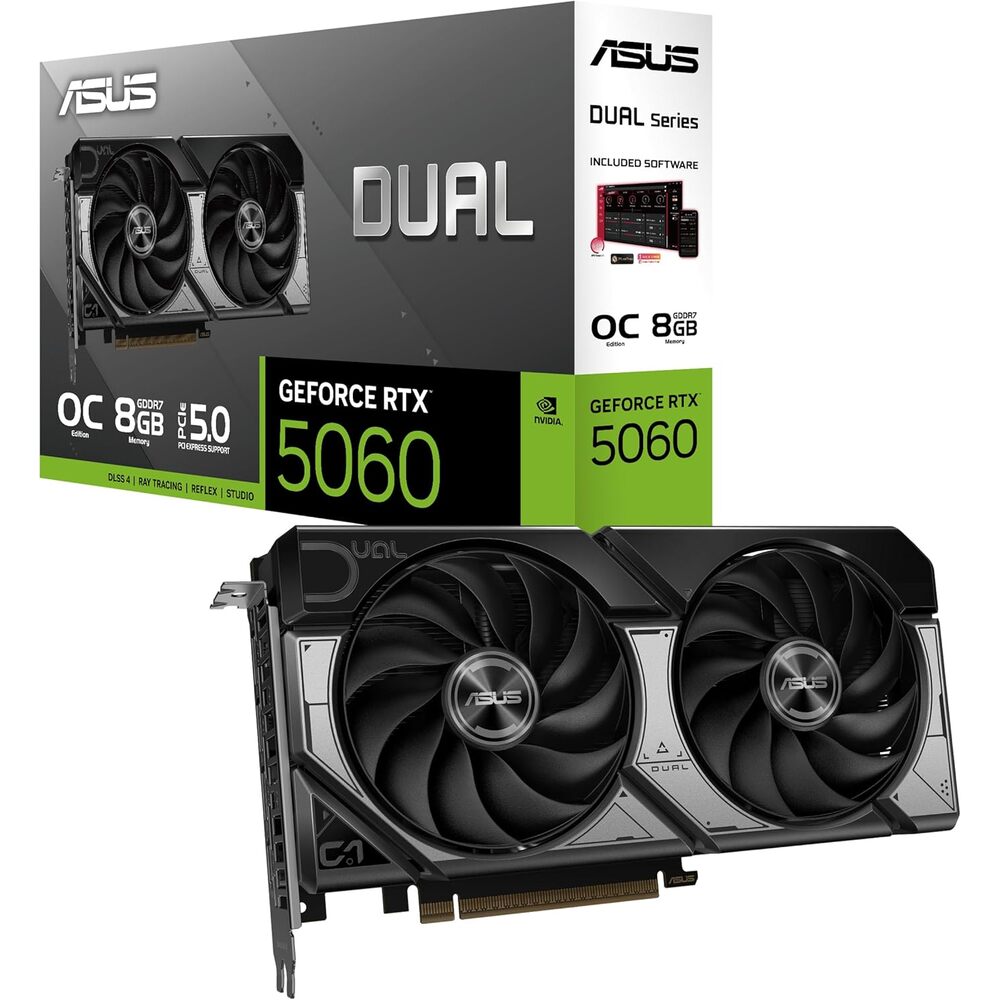 ASUS Dual NVIDIA GeForce RTX 5060 8GB GDDR7 OC Edition (PCIe 5.0, 8GB GDDR7, DLSS 4, HDMI 2.1b, DisplayPort 2.1b, 2.5-Slot Design, Axial-tech Fan Design, 0dB Technology), 3 Year Warranty