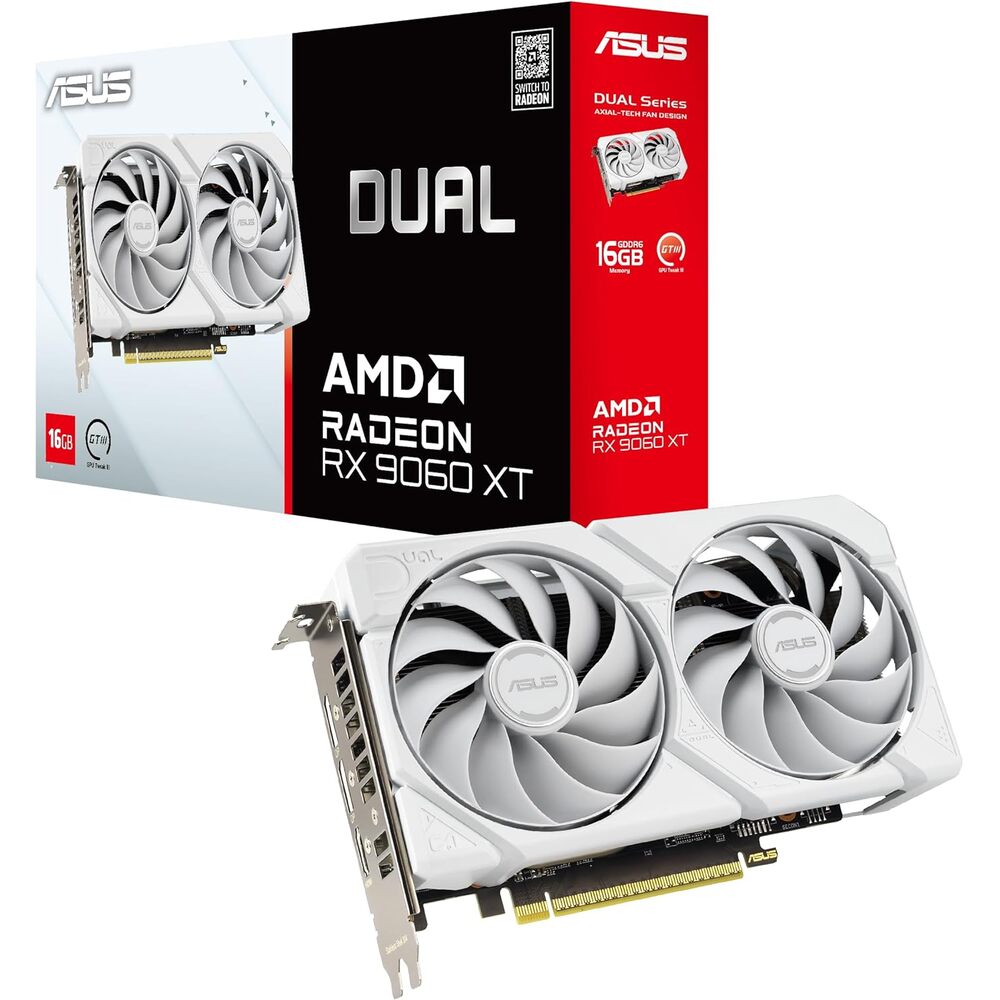 ASUS Dual Radeon RX 9060 XT 16GB GDDR6 White Edition Graphics Card, AMD, (PCIe 5.0, HDMI 2.1b, DisplayPort 2.1a, 2.5-Slot, Axial-tech Fan, 0dB Technology, and More)