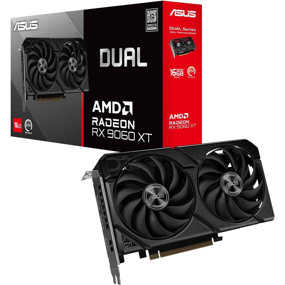 ASUS Dual Radeon RX 9060 XT 16GB GDDR6 Graphics Card, AMD, for Desktop (PCIe 5.0, HDMI 2.1b, DisplayPort 2.1a, 2.5-Slot, Axial-tech Fan, 0dB Technology, and More)