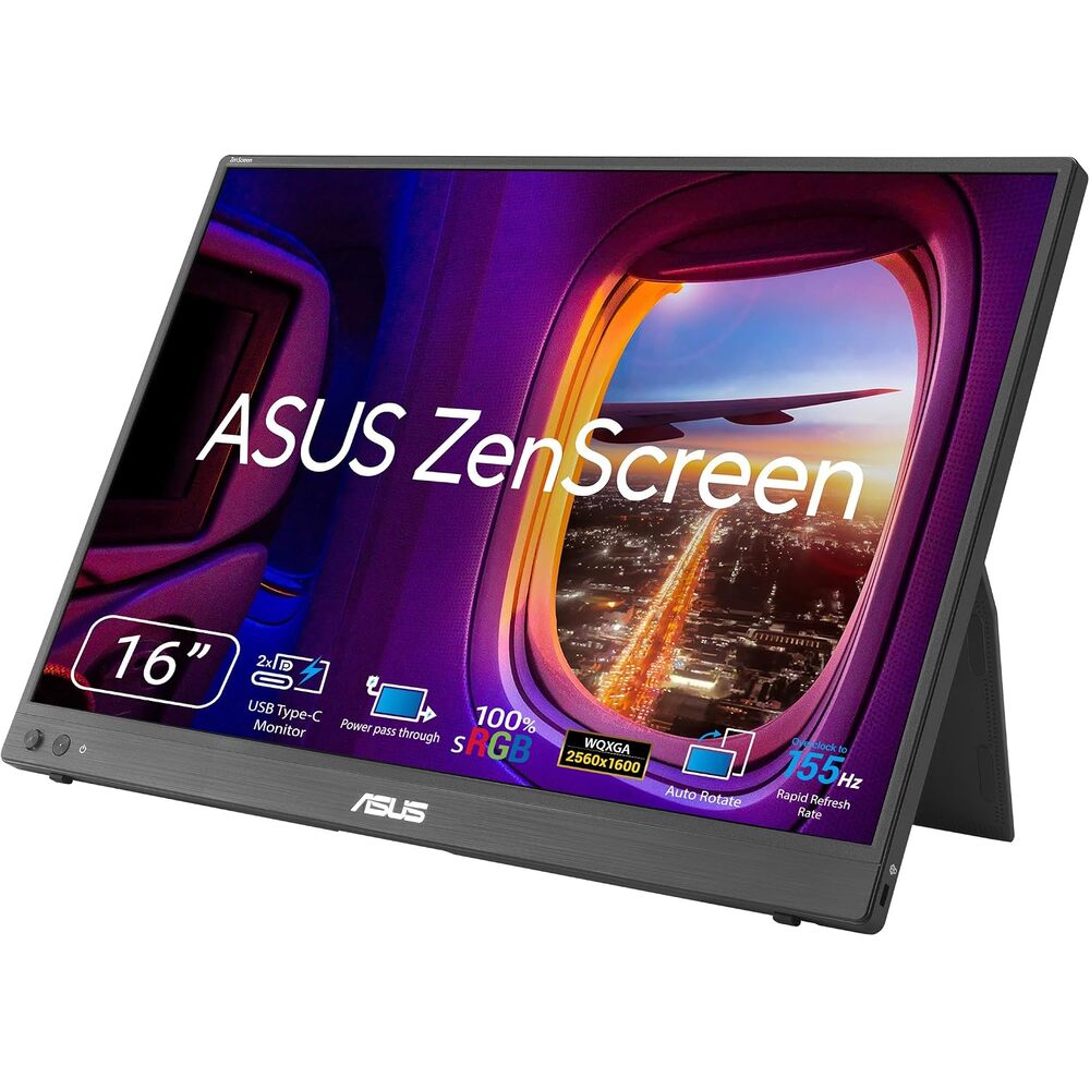ASUS ZenScreen 16� 16:10 USB-C Portable Monitor (MB16NCG) - WQXGA (2560 x 1600), IPS, 155Hz, Power Pass Through, 100% sRGB, Auto Rotate, Tripod Socket, Eye Care, FSC Mix-Certified, 3 yr Warranty