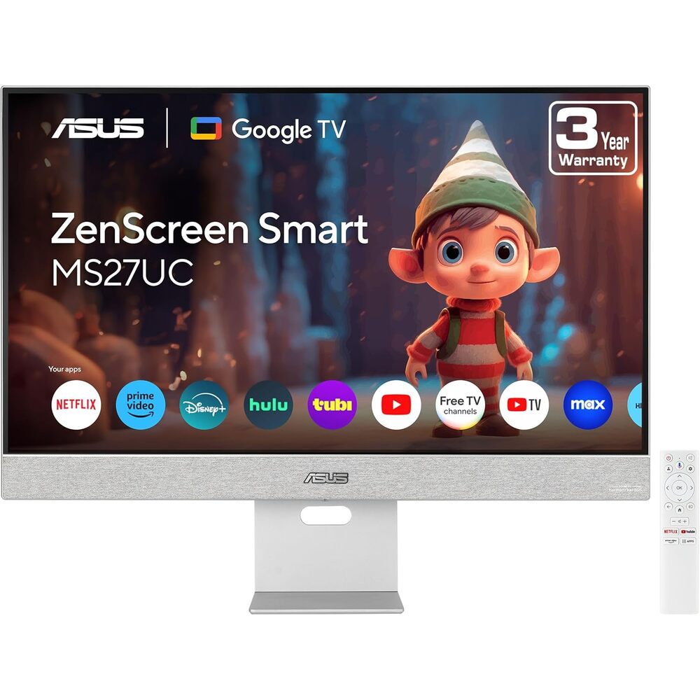 ASUS ZenScreen 27� 4K USB-C Smart Monitor (MS27UC) - UHD (3840 x 2160) IPS, 99% sRGB, GoogleTV, Harman Kardon Speakers, USB-C 90W PD, USB Hub, Wireless Display, Netflix and YouTube, 3 yr Warranty