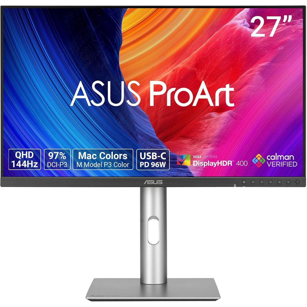 ASUS ProArt Display PA278CGRV Monitor � 27", IPS, 144Hz, QHD (2560 x 1440), 97% DCI-P3, ?E < 2, Calman Verified, USB-C PD 96W, Light Sync, Ergonomic Stand, VESA DisplayHDR 400, 3yr Warranty
