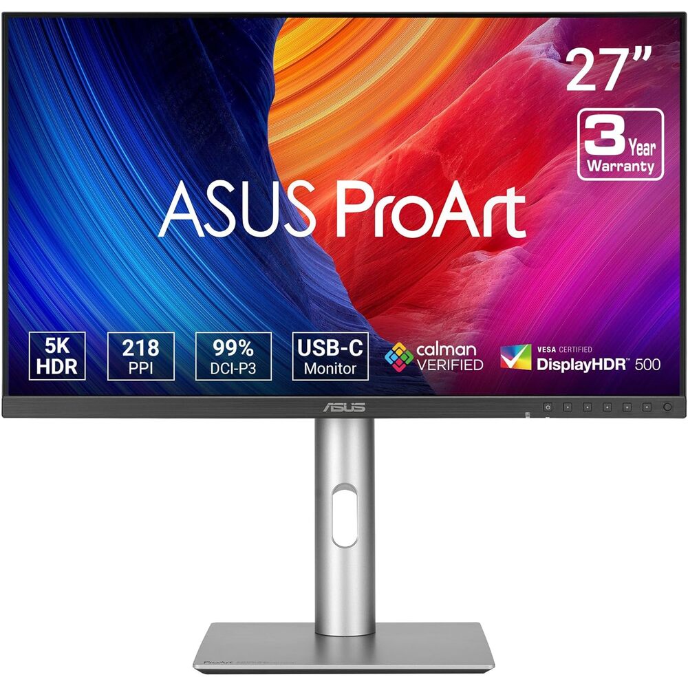 ASUS ProArt Display 27� 5K HDR Professional Monitor (PA27JCV) - 5K (5120 x 2880), IPS, 99% DCI-P3, 100% sRGB, ?E < 2, USB-C PD 96W, Calman Verified, Color Accurate, LuxPixel, 3 yr Warranty