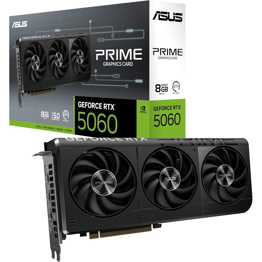 ASUS SFF-Ready Prime NVIDIA GeForce RTX 5060 8GB GDDR7 Graphics Card (PCIe 5.0, 8GB GDDR7, HDMI/DP 2.1, 2.5-Slot, Axial-tech Fans, Dual BIOS), 3 Year Warranty