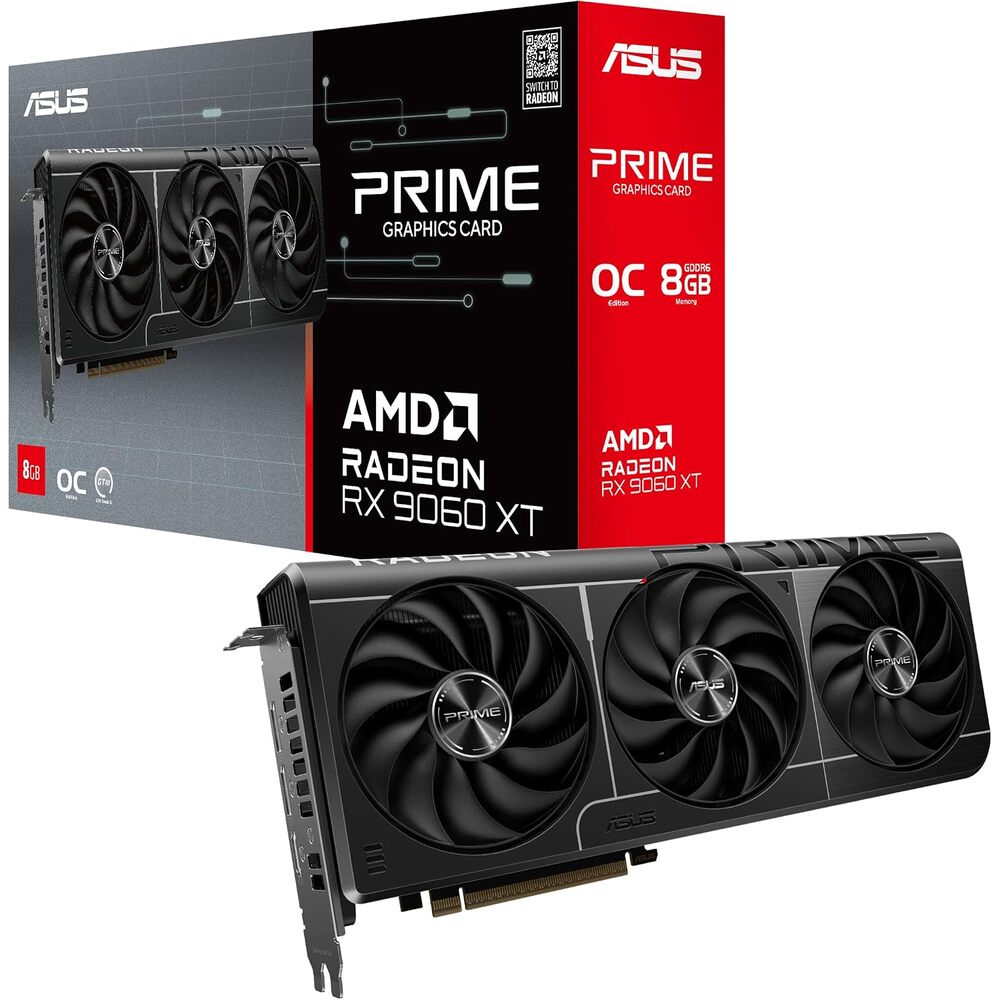 ASUS Prime AMD Radeon RX 9060 XT 8GB GDDR6 OC Edition Graphics Card, AMD, (PCIe 5.0, HDMI/DP 2.1, 2.5-Slot Design, axial-tech Fans, Dual Ball Fan Bearings, Dual BIOS, GPU Guard), 3 Year Warranty