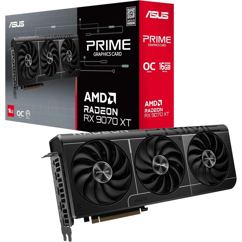ASUS Prime AMD Radeon RX 9070 XT 16GB GDDR6 OC Edition Graphics Card, AMD (PCIe 5.0, HDMI/DP 2.1, 2.5-Slot Design, Axial-tech Fans, Ball Bearings, Dual BIOS, GPU Guard), 3 Year Warranty