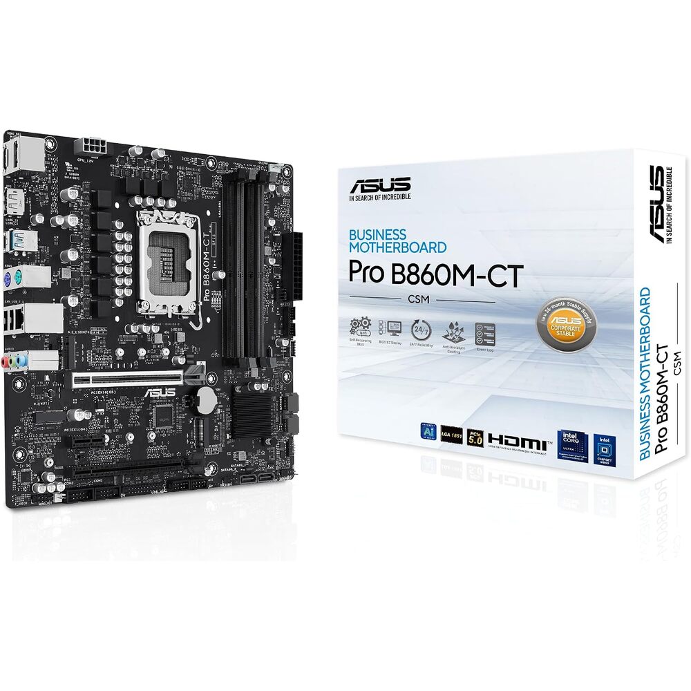 ASUS PRO B860M-CT-CSM Intel� B860 (LGA 1851) mATX Motherboard, PCIe 5.0, DDR5, 2X M.2, Intel� 1G LAN, 2X DP, HDMI, USB Type-C�, TPM IC onboard with Enhanced Security, Reliability and Manageability