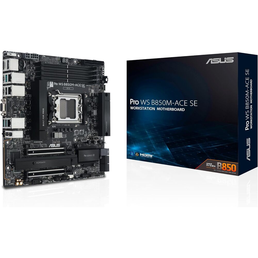 ASUS Pro WS B850M-ACE SE AMD AM5 B850 mATX MicroATX Business motherboard, PCIe 5.0 x 16, DDR5, 2x PCIe 5.0 M.2, PCIe 5.0 MCIO, U.2, 10G & 2.5G LAN, USB4�, ASUS Control Center Express Remote Management