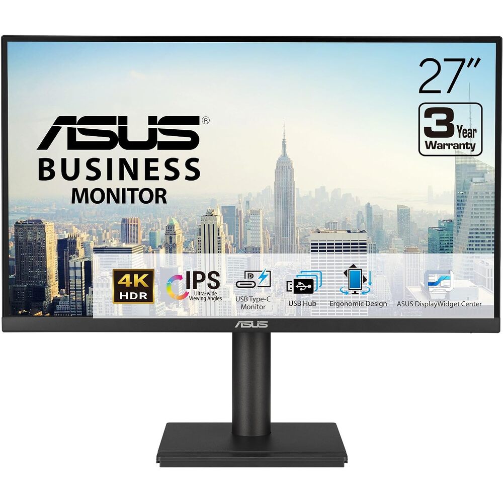 ASUS 27� 4K Business Monitor (VA27UCPS) - UHD (3840 x 2160), IPS, 99% sRGB, HDR-10, USB-C PD65W, USB Hub, Speakers, Eye Care, Ergonomic, VESA Wall Mountable, Green Sustainability, 3 yr Warranty