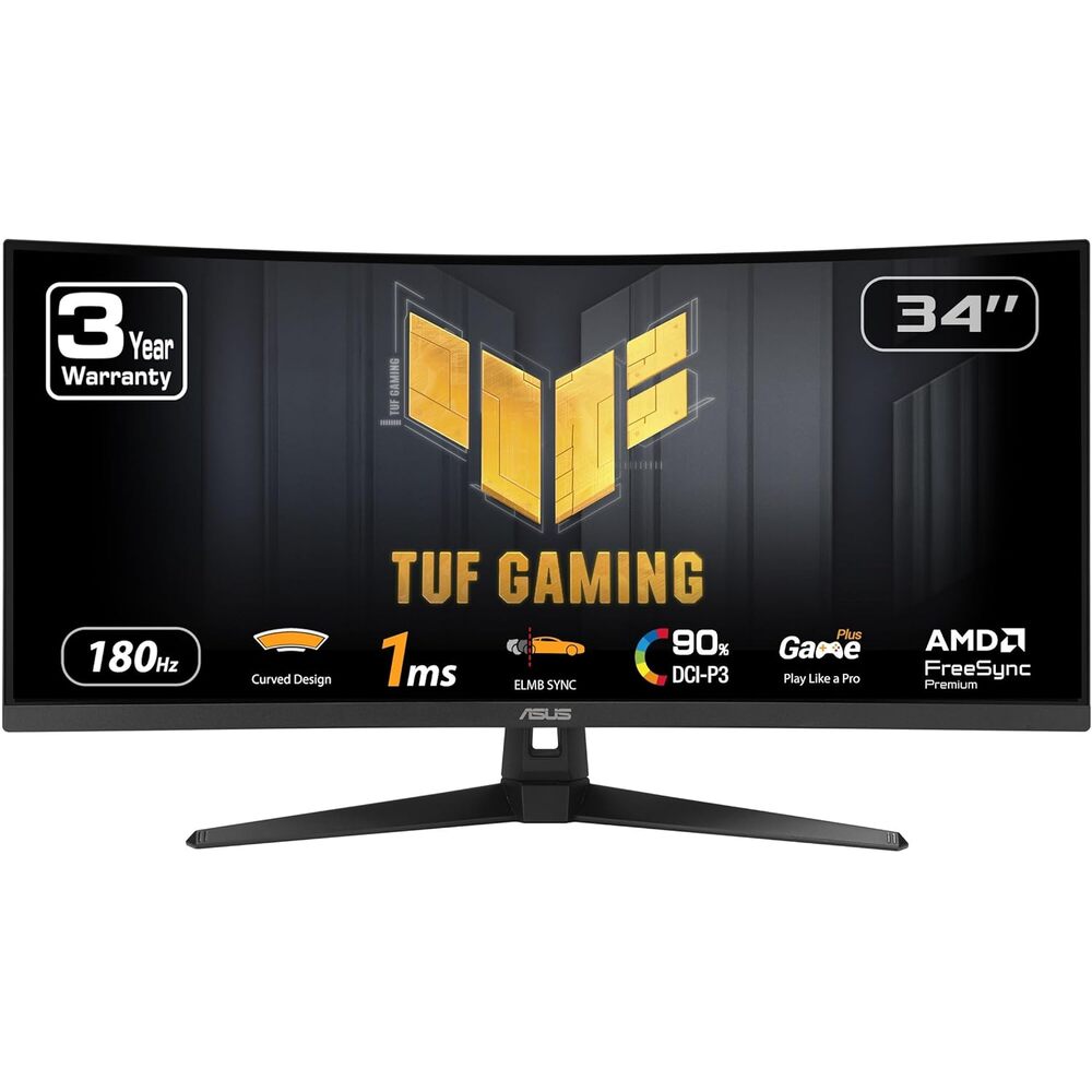 ASUS TUF Gaming 34� Ultra-Wide Curved Monitor (VG34VQ3B) � 21:9 QHD (3440x1440), 180Hz, 1ms, Extreme Low Motion Blur Sync, FreeSync Premium, Speaker, 90% DCI-P3, DisplayWidget Center, 3 yr Warranty