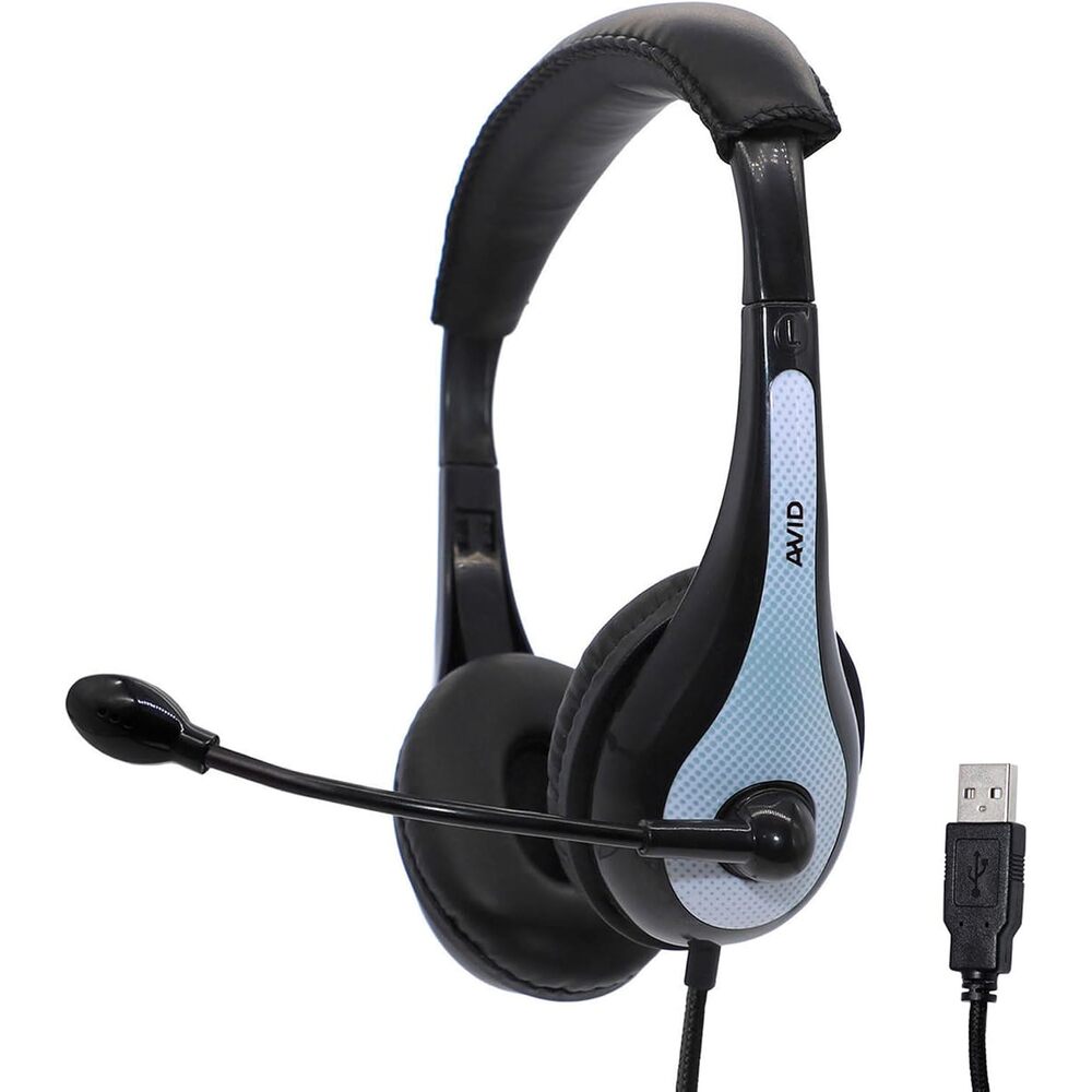 Avid Products AE-36 USB Headset with Microphone for School � On-Ear Classroom Headphones with Adjustable Boom Mic, Leatherette Earpads, 4-Foot Cord, Compatible with Chromebook & PC � White, Single