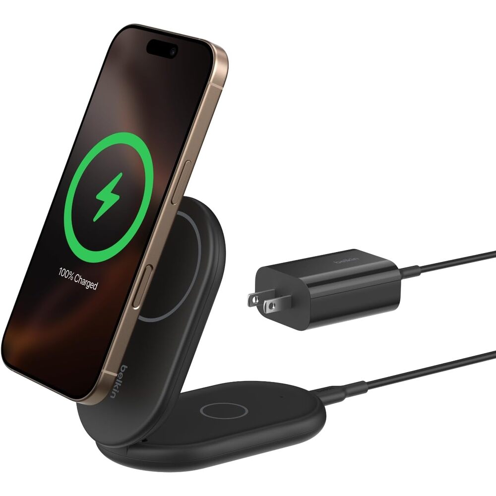 Belkin Magnetic Foldable Wireless Charging Stand 15W - MagSafe-Compatible Qi2-Certified Charger, Wireless Charging Stand for iPhone 16, Galaxy S25, & More - Standby Mode Ready w/PSU Included - Black