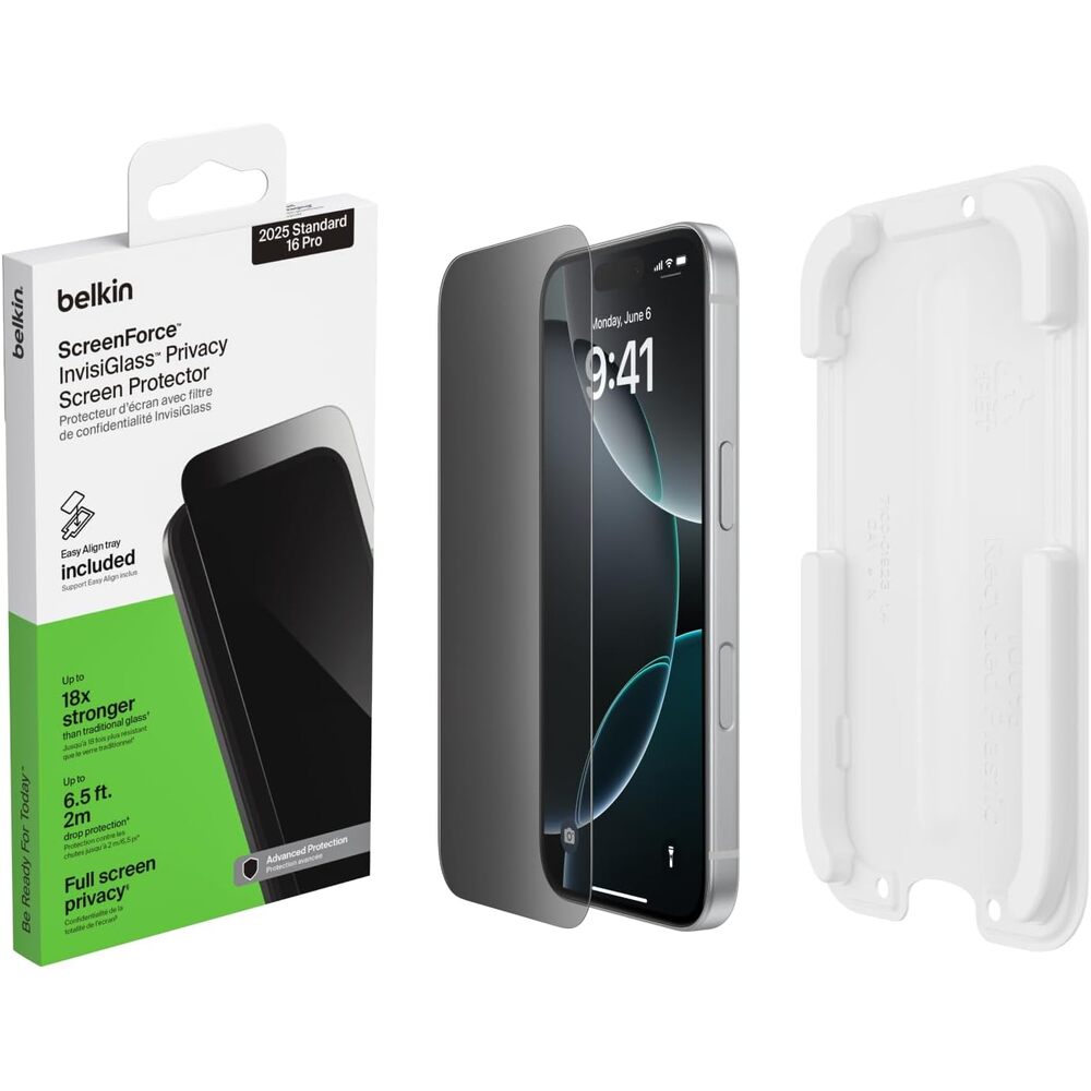 Belkin ScreenForce InvisiGlass Privacy Screen Protector for iPhone 17/16 Pro, Scratch-Resistant Impact Protection w/Included Easy Align Tray for Bubble Free Application - Made with Recycled Glass