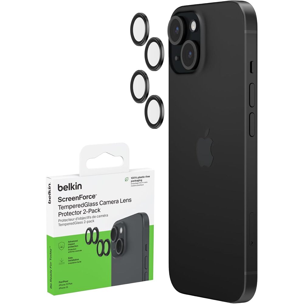 Belkin ScreenForce TemperedGlass Camera Lens Protector for Apple iPhone 15, 15 Plus - Case-Compatible Tempered Glass Lens Cover, Apple iPhone Accessories - 2-pack