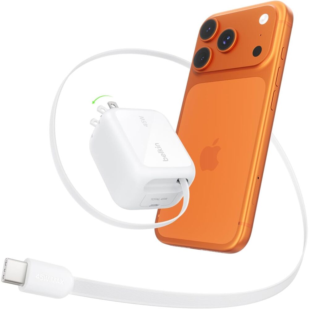 Belkin Wall GaN Charger 45W w/ 2.6ft Retractable USB C Cable & USB C Port - iPhone Charger Fast Charging for iPhone 17 & 16 Series, Galaxy S26 Series, AirPods, Tablet, MacBook, Chromebook, Travel