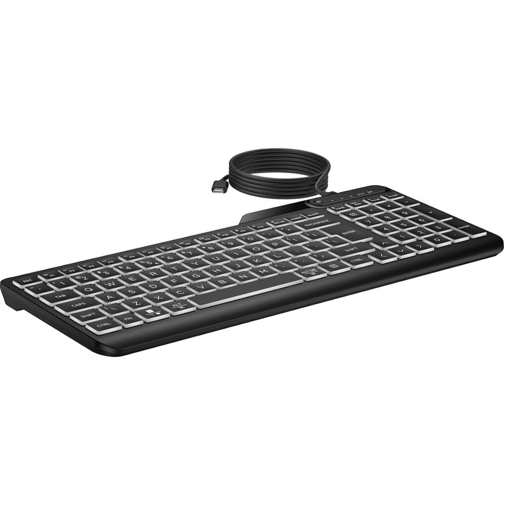 HP 405 Multi-Device Backlit Wired Keyboard (7N7C1UT) - Cable Connectivity - Compact - USB Type C, USB Type A Interface - LED - 20 Hot Key(s) - Microphone Mute, Emoji, Language Switch Hot Key(s) - Wind