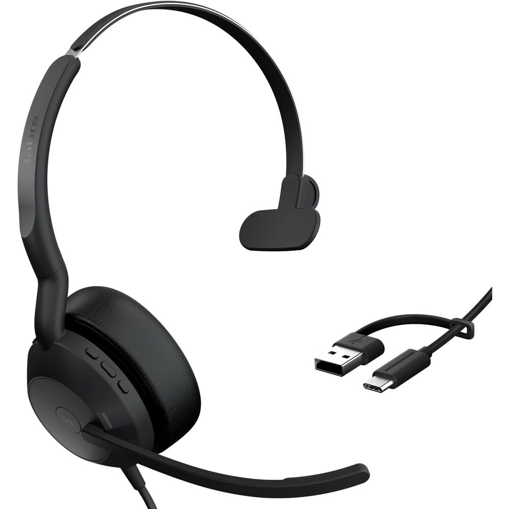 Jabra Evolve2 50 Wired Single-Ear Headset - Noise Cancelling Headphones, Bluetooth Headset for Work with Noise Cancelling Microphones, Works with Online Meeting Platforms Like Zoom & Google, Black