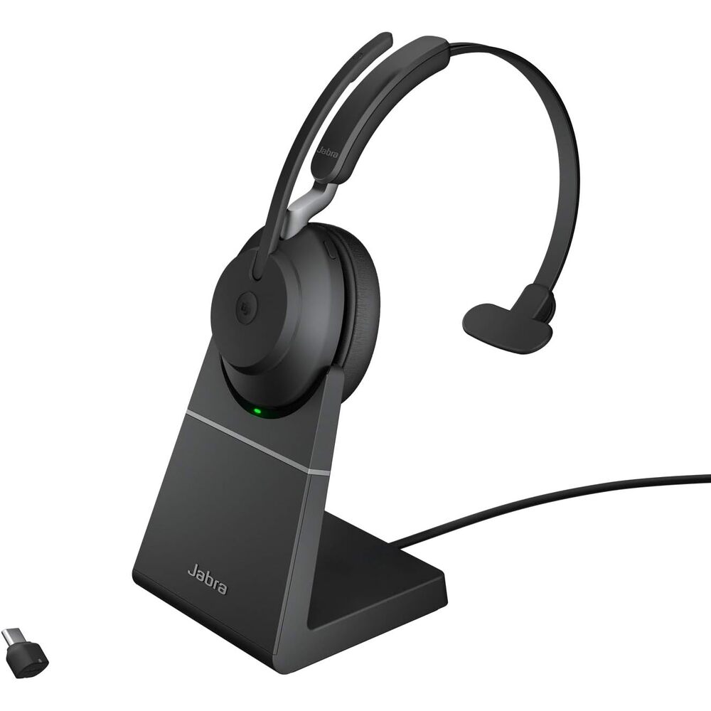 Jabra Evolve2 65 Bluetooth Wireless Headset with Mic for Calls and Music, Single-Ear Headphones with USB-C Adapter, Up to 37 Hours Battery, Works with Online Meeting Apps, Black