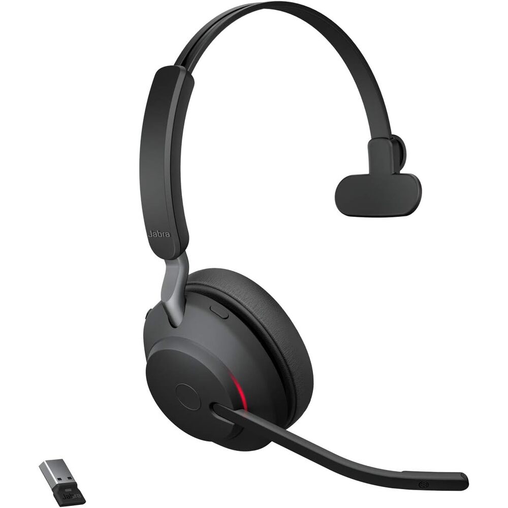Jabra Evolve2 65 Bluetooth Wireless Headset with Mic for Calls and Music, Single-Ear Headphones with USB-A Adapter, Up to 37 Hours Battery, Works with Microsoft Teams, Black