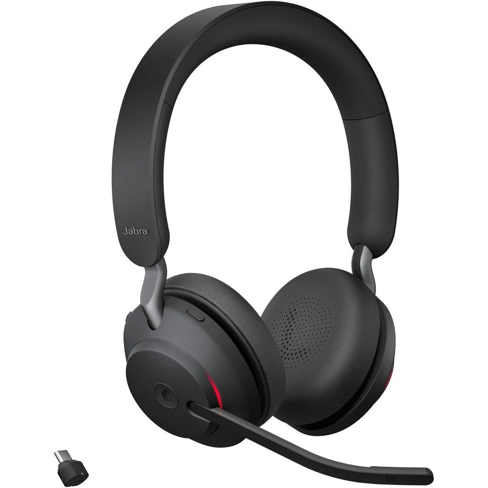 Jabra Evolve2 65 Bluetooth Wireless Headset with Mic for Calls and Music, Dual-Ear Headphones with USB-C Adapter, Up to 37 Hours Battery, Noise-Cancelling, Works with Online Meeting Apps, Black