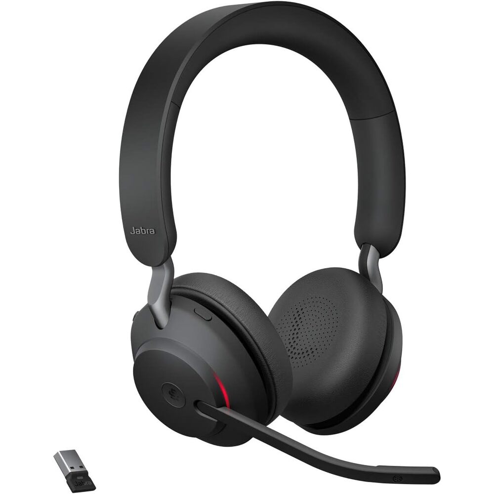 Jabra Evolve2 65 Bluetooth Wireless Headset with Mic for Calls and Music, Dual-Ear Headphones with USB-A Adapter, Up to 37 Hours Battery, Noise-Cancelling, Works with Online Meeting Apps, Black (193)