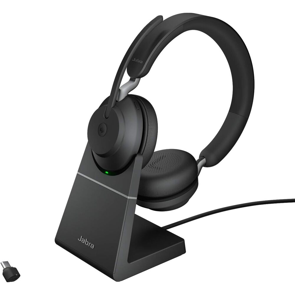 Jabra Evolve2 65 Bluetooth Wireless Headset with Mic for Calls and Music, Dual-Ear Headphones with USB-C Adapter and Charging Stand, Up to 37 Hours Battery, Works with Microsoft Teams, Black
