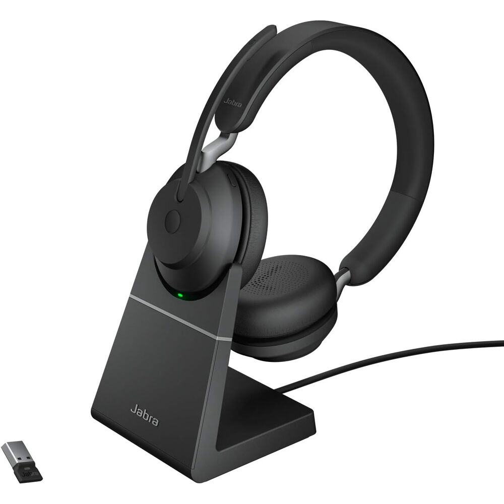 Jabra Evolve2 65 Bluetooth Wireless Headset with Mic for Calls and Music, Dual-Ear Headphones with USB-A Adapter and Charging Stand, Up to 37 Hours Battery, Works with Microsoft Teams, Black