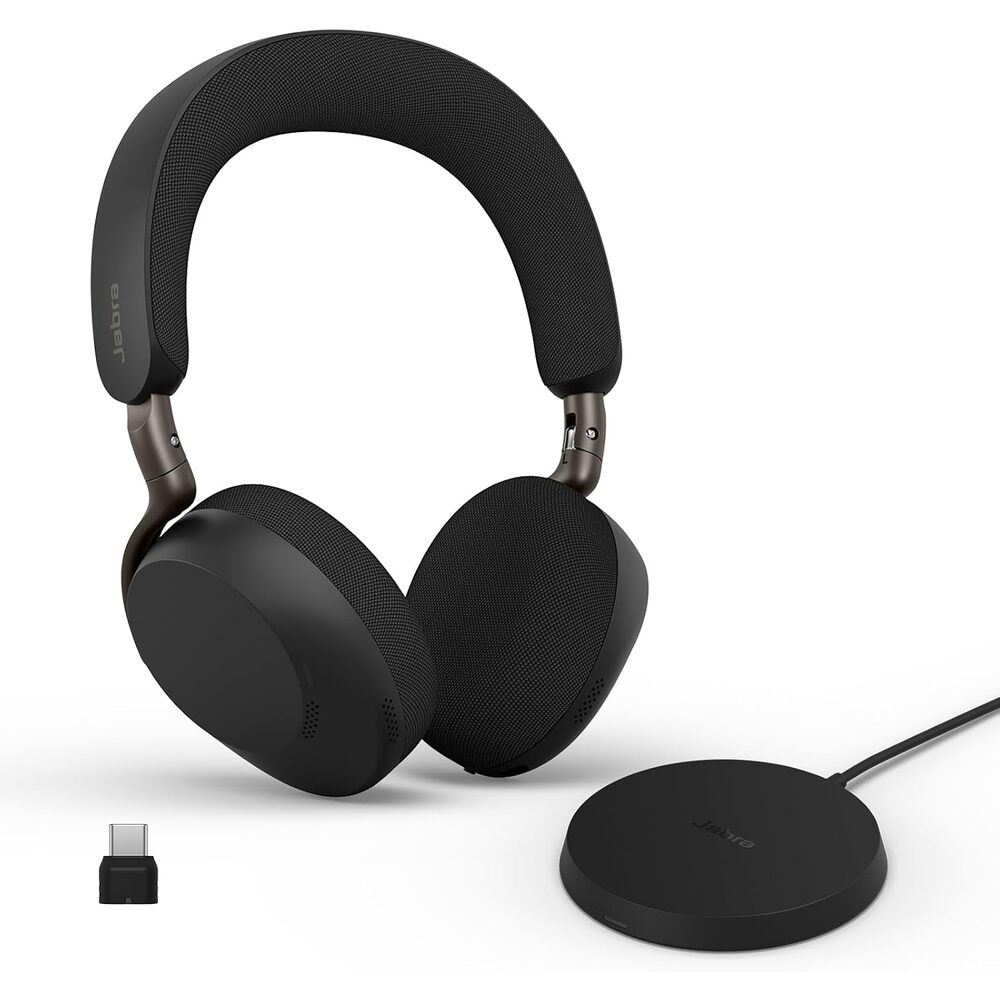 Jabra Evolve3 75 On-Ear Wireless Bluetooth Headset with Mic and Wireless Charging Stand for Work, USB-C, AI Voice Call Technology, Advanced ANC, 22-Hour Battery, Works with Online Meeting Apps, Black
