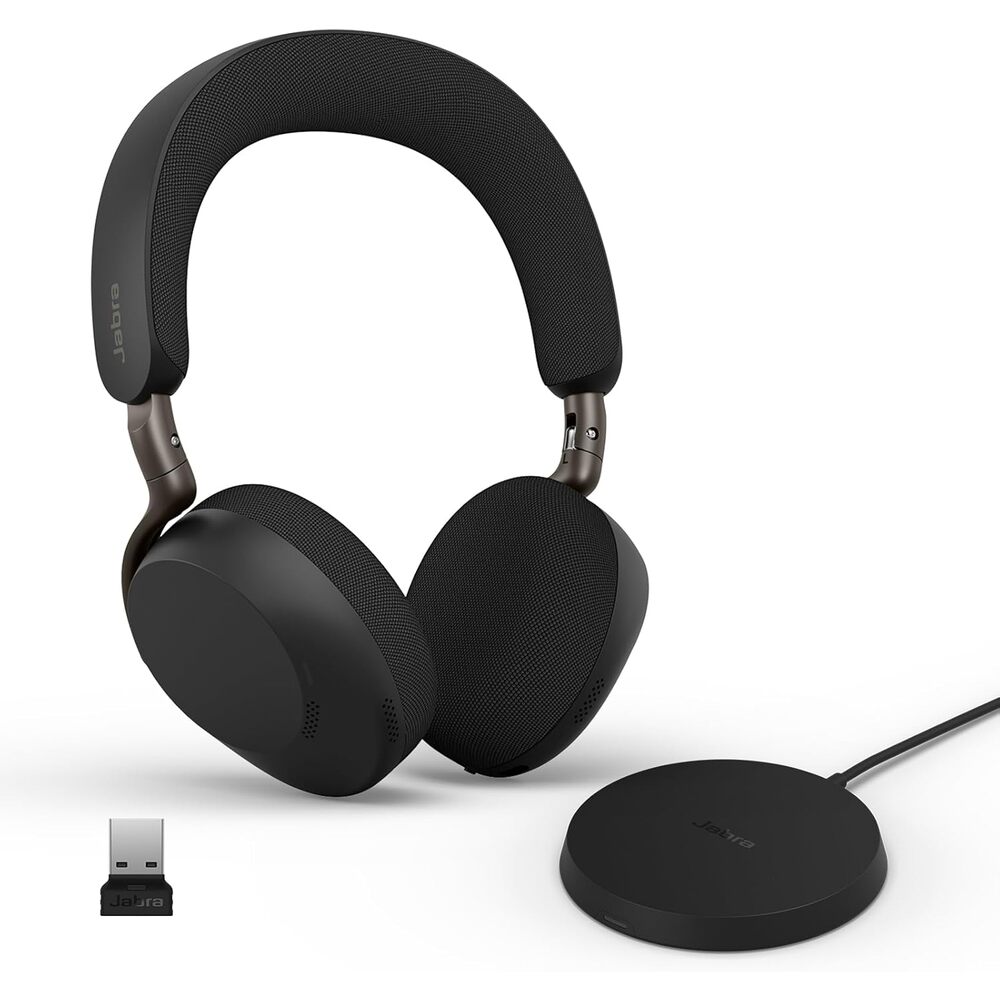 Jabra Evolve3 75 On-Ear Wireless Bluetooth Headset with Mic and Wireless Charging Stand for Work, USB-A, AI Voice Call Technology, Advanced ANC, 22-Hour Battery, Works with Online Meeting Apps, Black