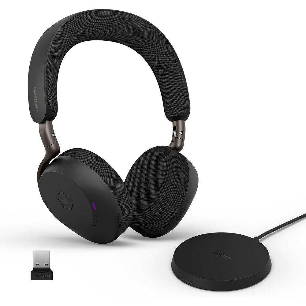 Jabra Evolve3 75 On-Ear Wireless Bluetooth Headset with Mic and Wireless Charging Stand for Work, USB-A, AI Voice Call Technology, Advanced ANC, 22-Hour Battery, Microsoft Teams Certified, Black