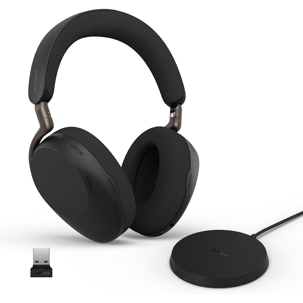 Jabra Evolve3 85 Over-Ear Wireless Bluetooth Headset with Mic and Wireless Charging Stand for Work, USB-A, AI Voice Call Technology, Adaptive ANC, 25-Hour Battery, Works with Meeting Apps, Black