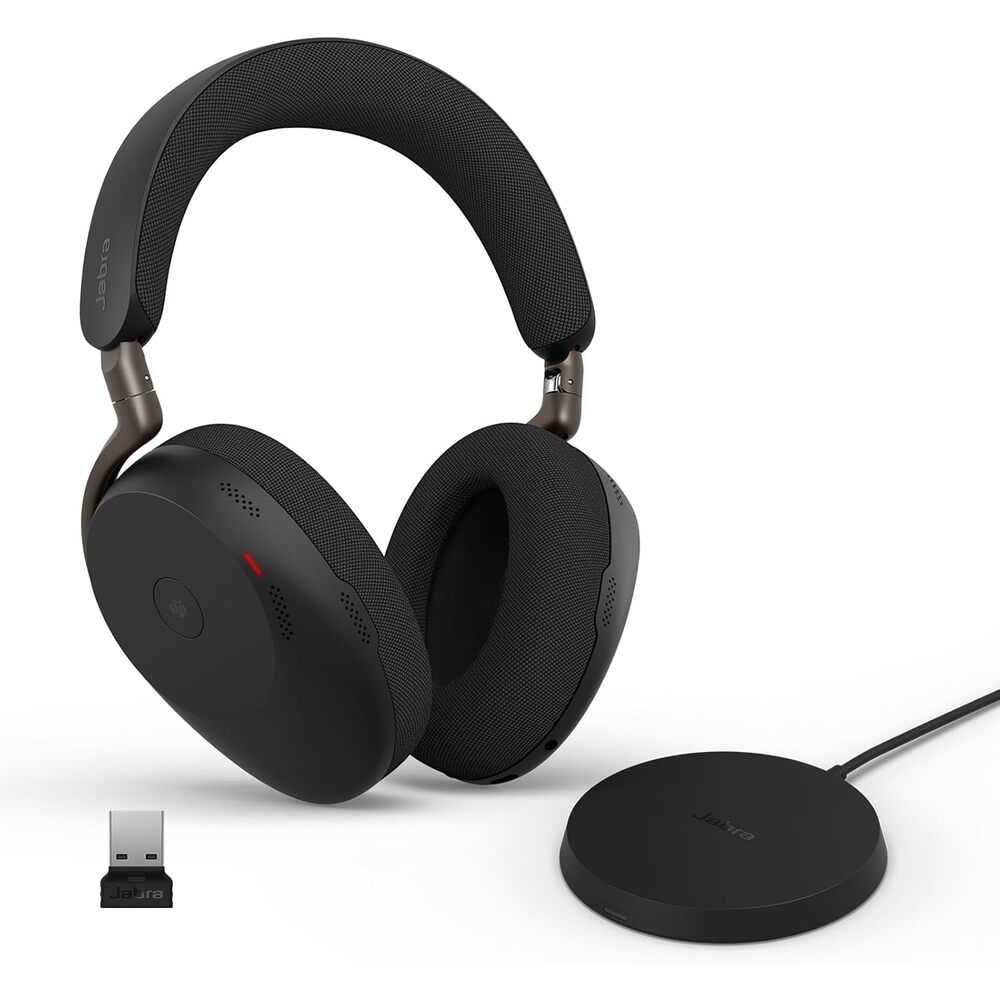 Jabra Evolve3 85 Over-Ear Wireless Bluetooth Headset with Mic and Wireless Charging Stand for Work, USB-A, AI Voice Call Technology, Adaptive ANC, 25-Hour Battery, Microsoft Teams Certified, Black