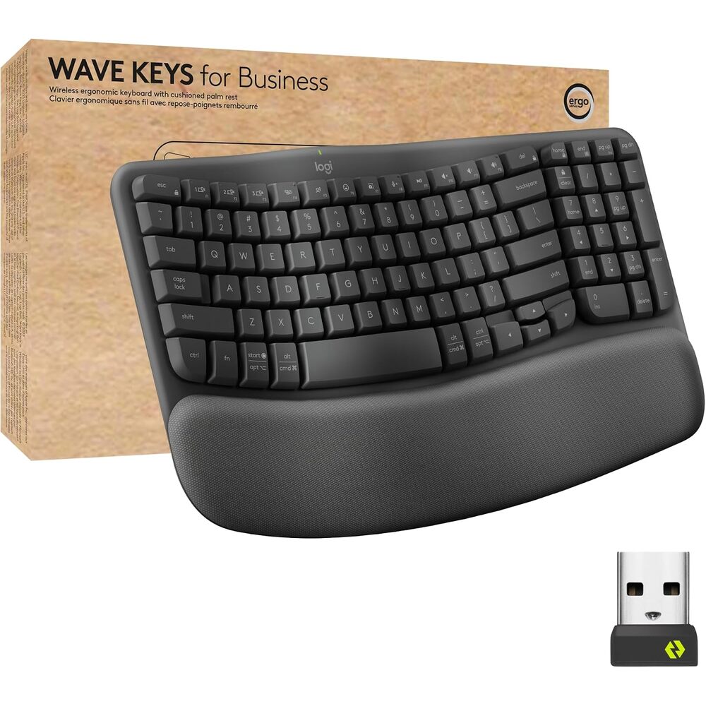 Logitech Wave Keys for Business, Wireless Ergonomic Keyboard with Cushioned Palm Rest, Secure Logi Bolt Technology, Bluetooth, Compatible with Windows/Mac/Chrome/Linux - Graphite