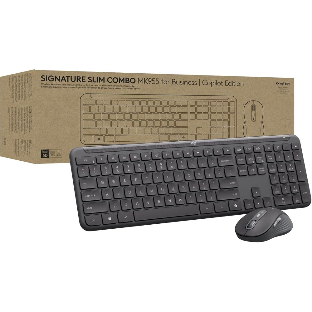 Logitech Signature Slim MK955 Combo for Business | Microsoft Copilot Edition, Wireless Keyboard and Mouse, Quiet Typing, Secure Receiver, Bluetooth, Windows - Graphite