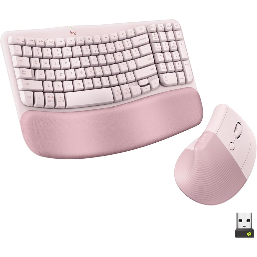 Logitech Wave Keys & Lift Vertical Mouse - Ergonomic Wireless Keyboard and Mouse Combo - with Cushioned Palm Rest, Easy-Switch, Bluetooth, for Multi-OS, Windows/Mac - Rose