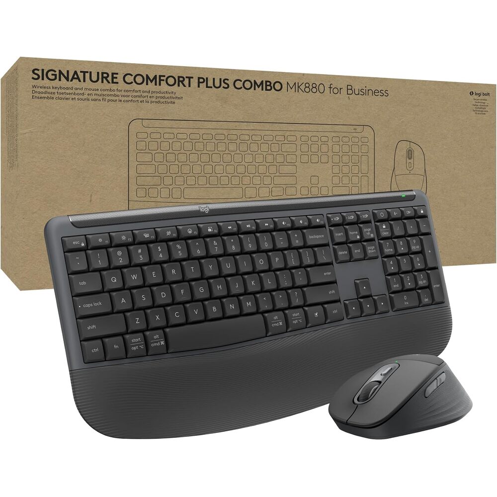 Logitech Signature Comfort Plus Combo MK880 for Business, Full-Size Wireless Keyboard and Mouse with Palm Rest, Silent Clicks, Secure Receiver, Bluetooth, Windows/macOS - Graphite