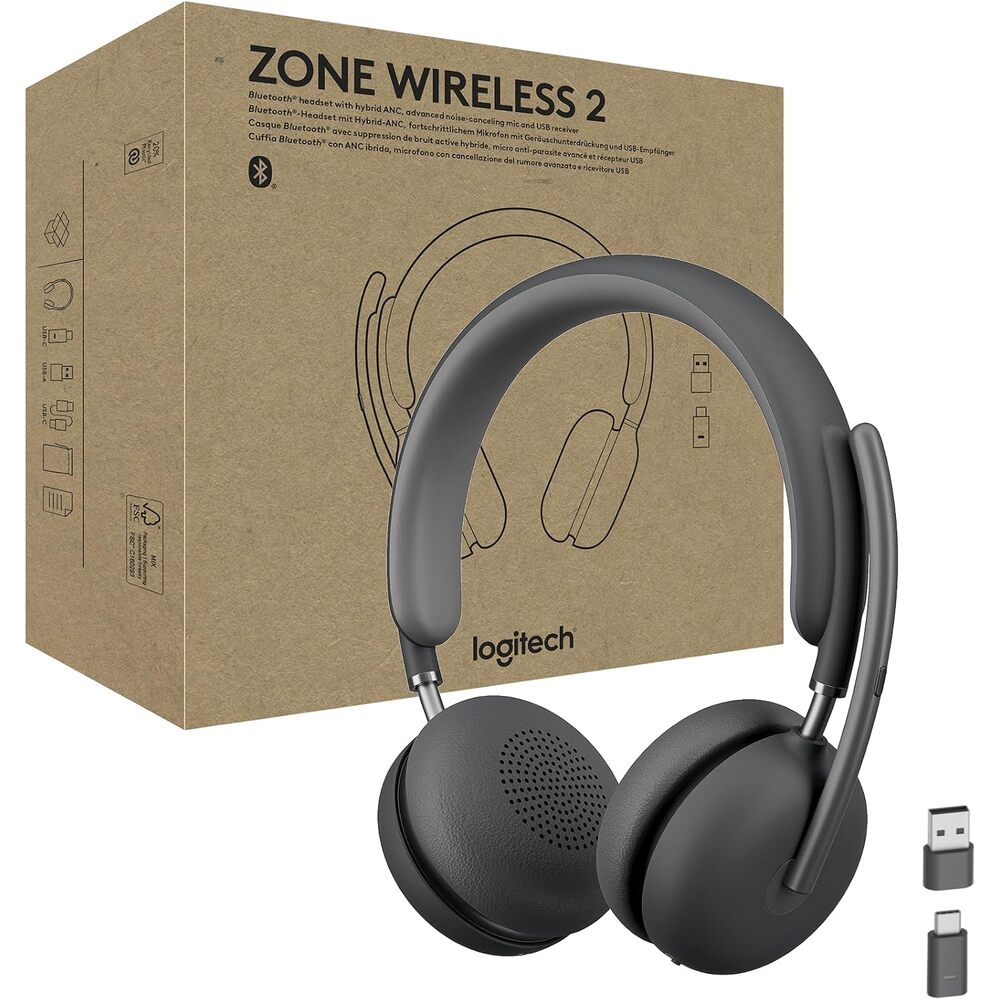 Logitech Zone Wireless 2 Premium Noise Canceling Headset with Hybrid ANC, Bluetooth, USB-C, USB-A, Certified for Microsoft Teams and Fast Pair, Engineered for Intel Evo laptops, Graphite
