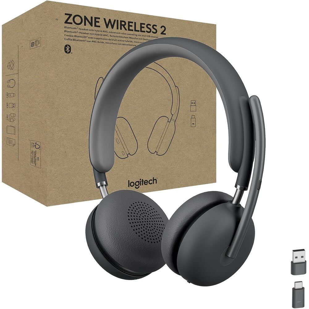 Logitech Zone Wireless 2 Premium Noise Canceling Headset with Hybrid ANC, Bluetooth, USB-C, USB-A, Certified for Zoom, Google Meet, Google Voice, Fast Pair, Engineered for Intel Evo laptops, Graphite
