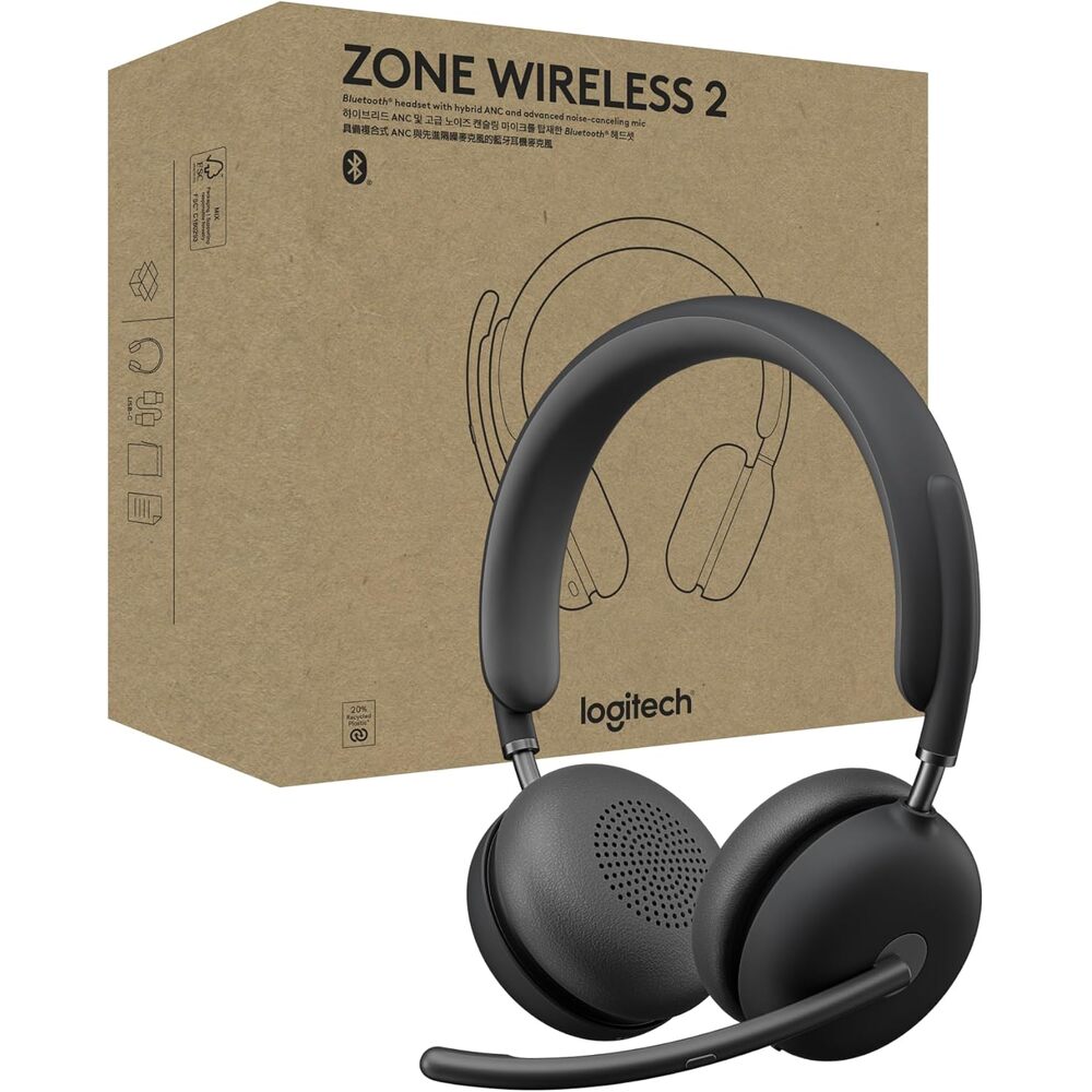 Logitech Zone Wireless 2 Premium Noise Canceling Headset with Hybrid ANC, Certified for Microsoft Teams Over Native Bluetooth and Fast Pair, Engineered for Intel Evo laptops, Graphite