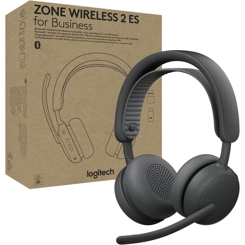 Logitech Zone Wireless 2 ES for Business - Noise-Canceling Wireless Headset with Adaptive Hybrid ANC, Bluetooth, USB-C & USB-A, Microsoft Teams Certified - Graphite