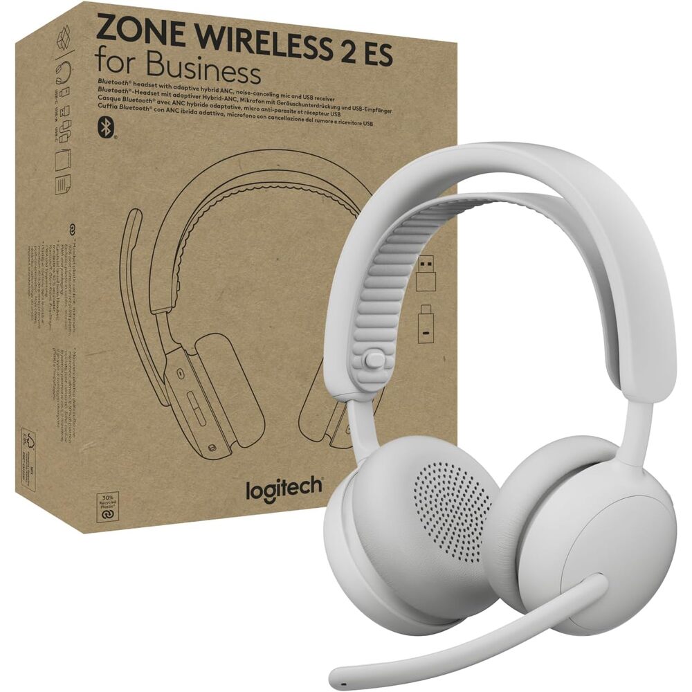 Logitech Zone Wireless 2 ES for Business - Noise-Canceling Wireless Headset with Adaptive Hybrid ANC, Bluetooth, USB-C & USB-A, Microsoft Teams Certified - Off-White