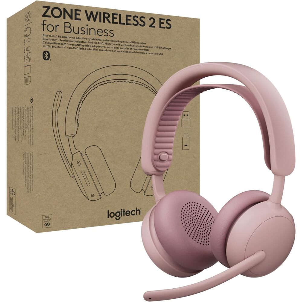 Logitech Zone Wireless 2 ES for Business - Noise-Canceling Wireless Headset with Adaptive Hybrid ANC, Bluetooth, USB-C & USB-A, Microsoft Teams Certified - Rose