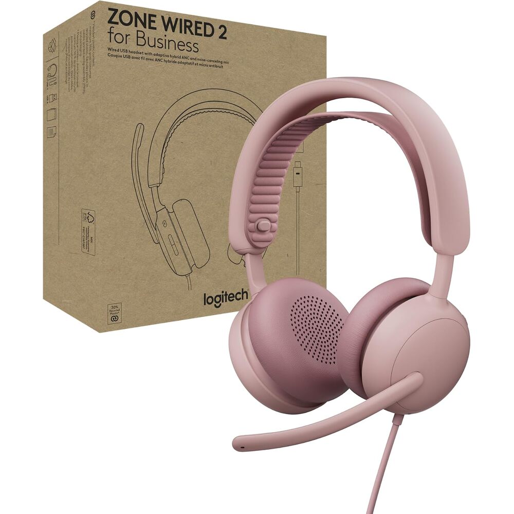 Logitech Zone Wired 2 for Business - Noise-Canceling Headset with Adaptive Hybrid ANC, Microsoft Teams Certified, USB-C with USB-A Adapter - Rose