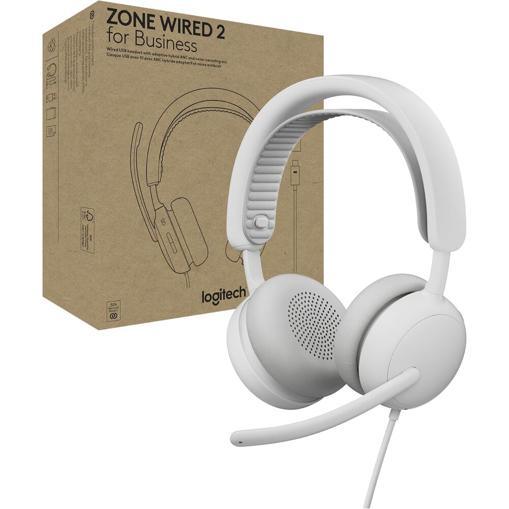 Logitech Zone Wired 2 for Business - Noise-Canceling Headset with Adaptive Hybrid ANC, Microsoft Teams Certified, USB-C with USB-A Adapter - Off White