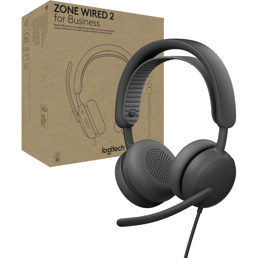 Logitech Zone Wired 2 for Business - Noise-Canceling Headset with Adaptive Hybrid ANC, Zoom & Google Certified, USB-C with USB-A Adapter - Graphite
