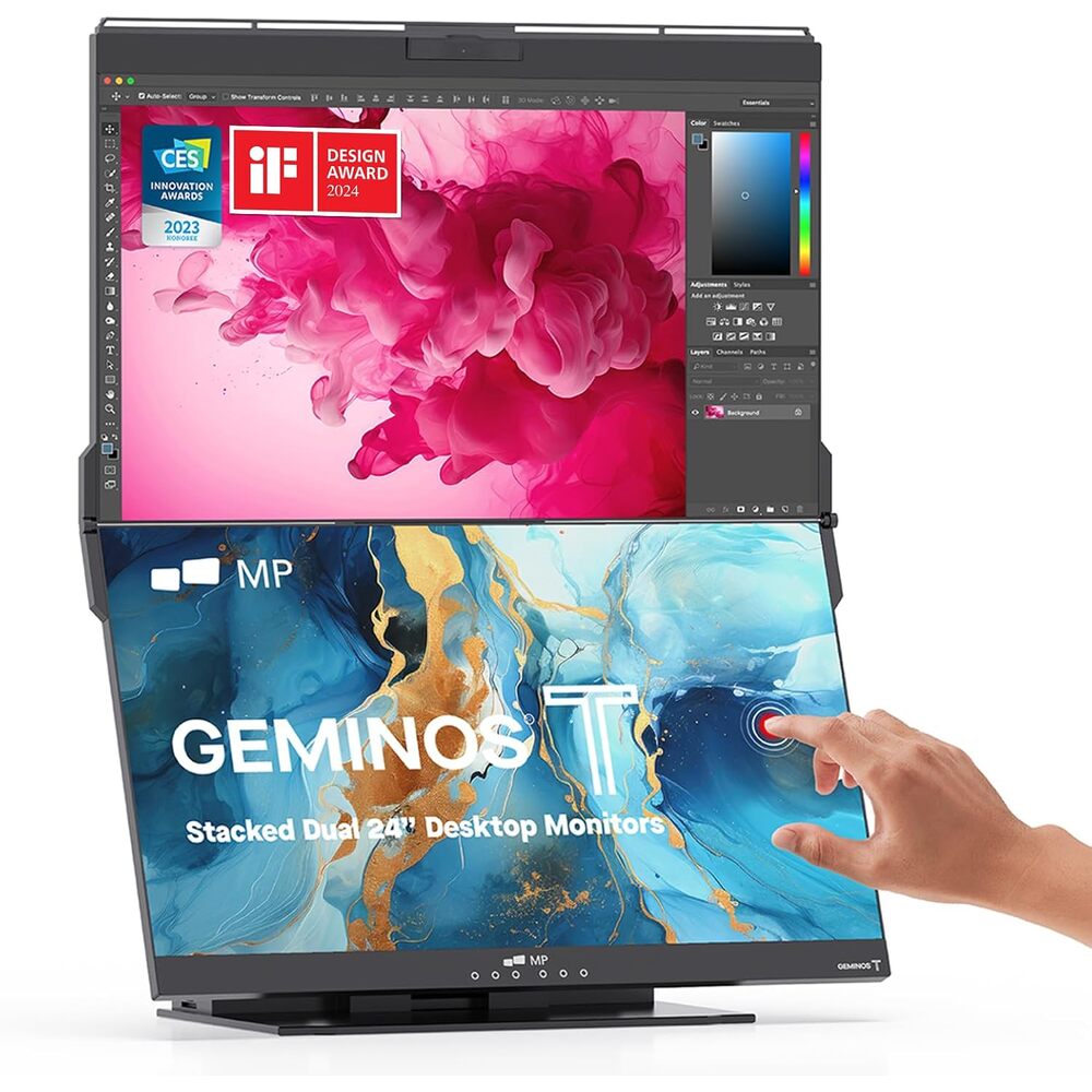 Mobile Pixels Geminos T (2 x 24 inch) Dual Stacked Computer Monitor with All-inclusive Workstation, 65W USB-C Charging Touchscreen, 1080P Webcam&Speakers, USB-A/USB-C/HDMI, Ergo Design (2 Monitors)