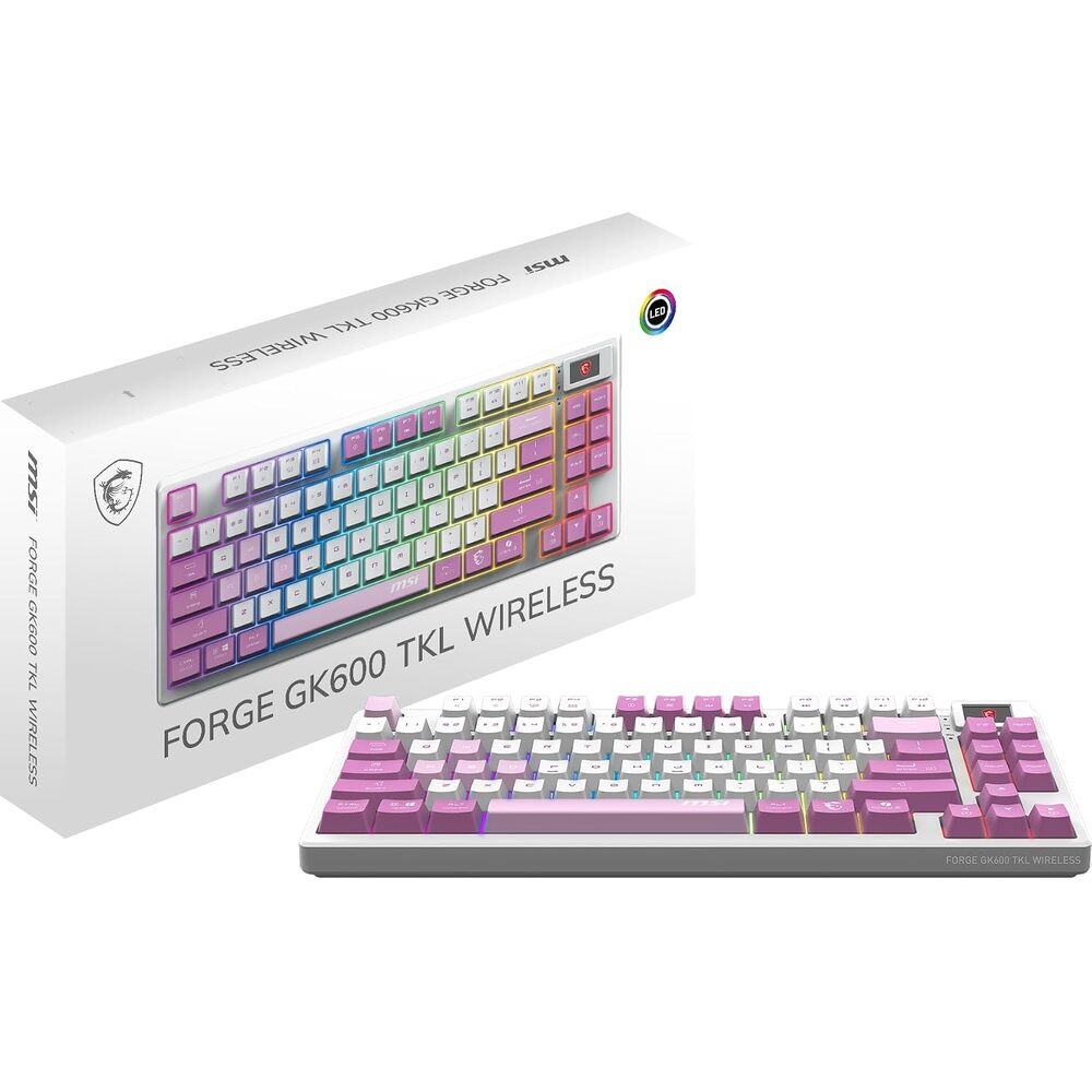 msi Forge GK600 TKL W Violet US - Mechanical Linear SWITCHES - Dye-Sublimated PBT Keycaps, Anti-Slip Base, RGB LED, USB 2.0, Bluetooth, 2.4 GHz - Tenkeyless